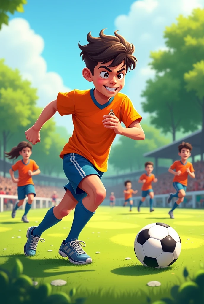 Cartoon of a teenager playing football 