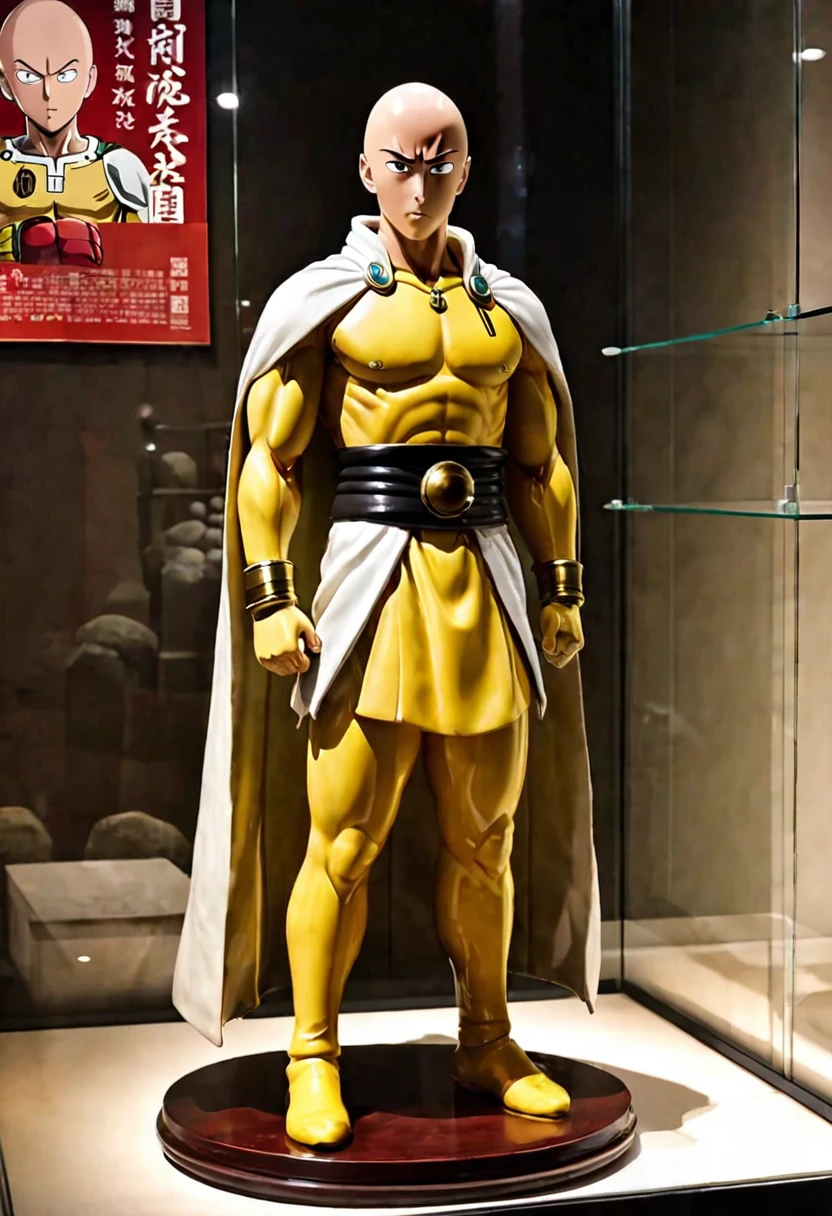 Ancient Japanese ceramic figure of Saitama from One Punch Man, ancient artistic stylings, museum display case