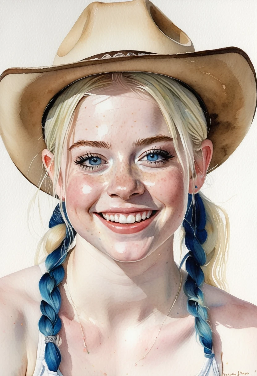 a watercolor painting of a ((pale skin)), defined muscles, six-pack abs, freckled, ager resembling Avril Lavigne, with blue eyes, blushing cheeks, pigtails, cowboy hat, naked, smiling, in the style of Norman Rockwell