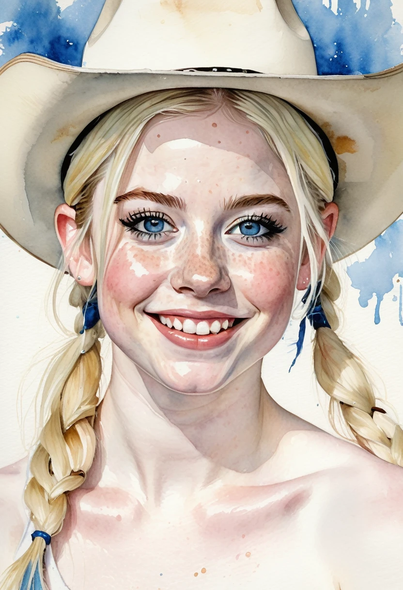 a watercolor painting of a ((pale skin)), defined muscles, six-pack abs, freckled, brunette young woman resembling Millie Bobby Brown, pigtails, cowboy hat, naked, smiling, in the style of Norman Rockwell