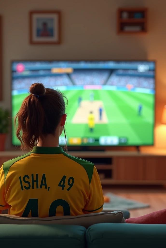 create a 20 year old girl Watch cricket on the Big Screen LED TV in a hall Room wearing Australian Team jersey on which Name "ISHA , 49, written in bold font clearly, make sure LED TV screen should be visible, girl sits at aside on the Sofa, like a cartoon