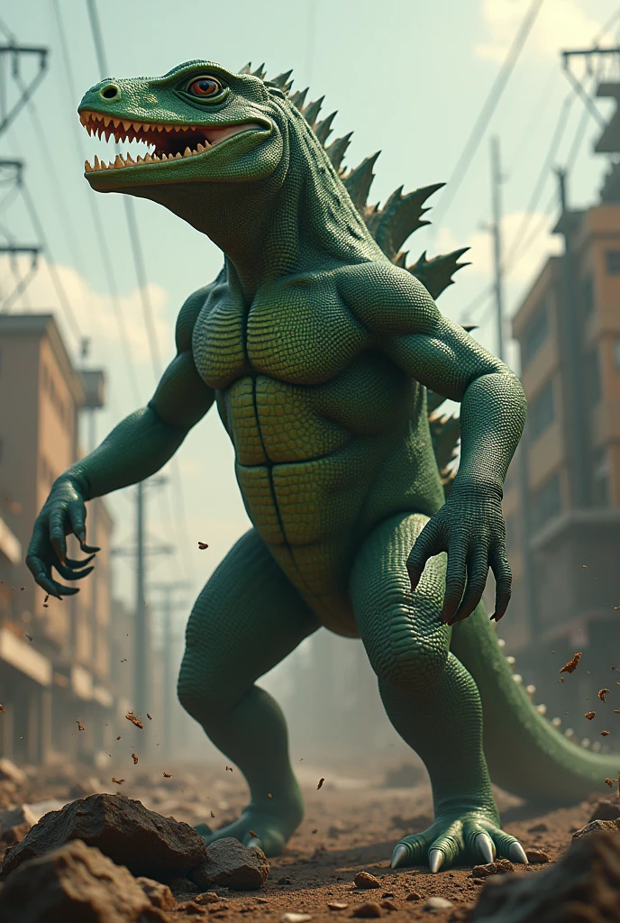 An iguana in a CIA suit attacking a burned Venezuela with broken electricity cables in his hand, that the iguana is like Godzilla