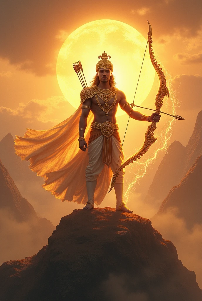 Divine Archer: "A majestic warrior standing atop a mountain, with the setting sun casting a golden hue over the landscape. The warrior is dressed in traditional Hindu armor, adorned with gold and intricate designs, holding a divine bow made of celestial energy. His aura glows with divine power, and behind him, the image of Lord Rama appears, guiding his arrows towards righteousness."