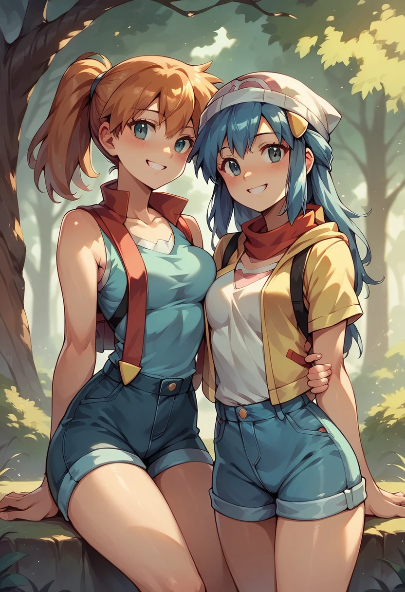 Character pokemon, girls , Misty , Dawn, together, smile , friends , dynamic image