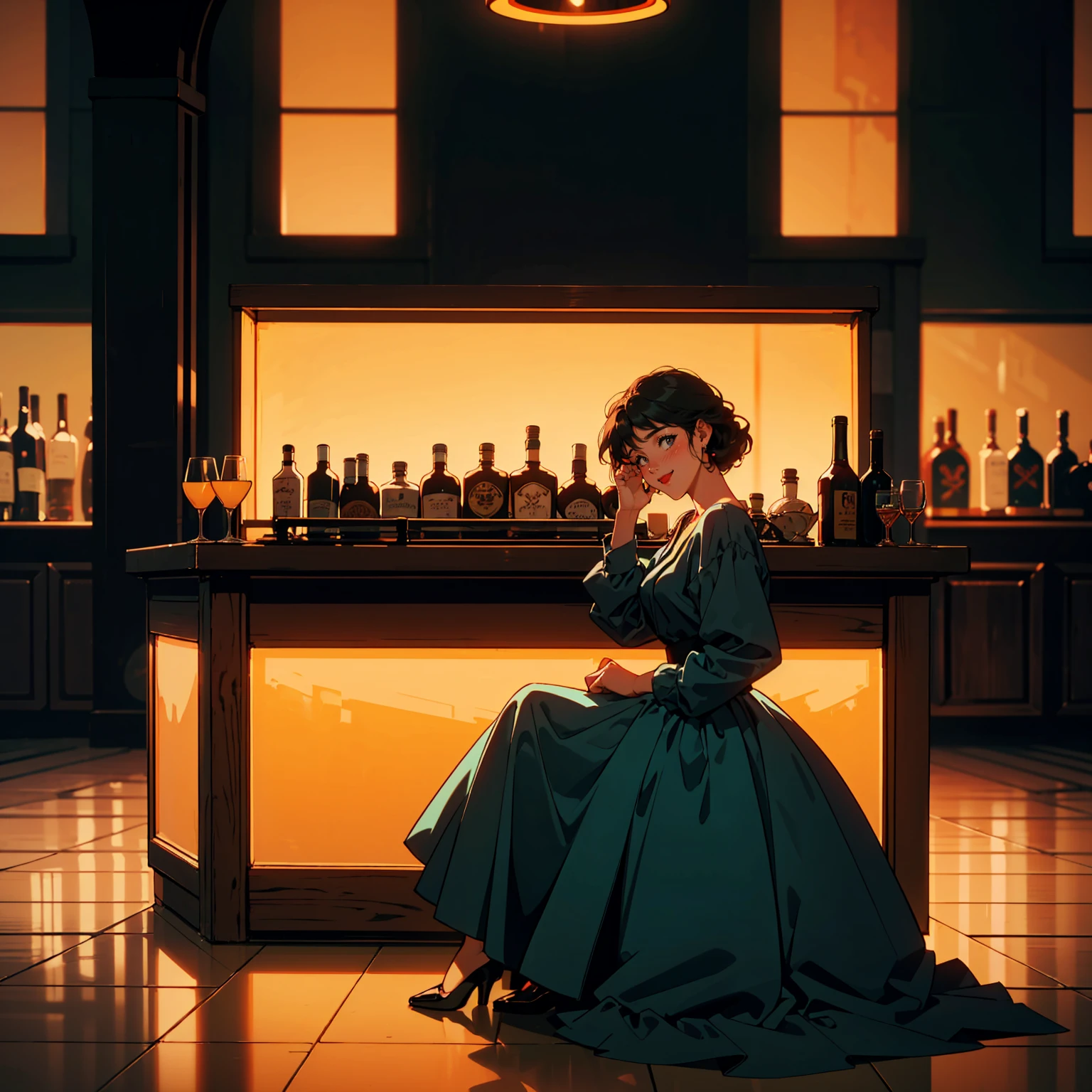 Classic bar counter in a luxury hotel,Cocktail,A dress with atmosphere, Adult woman sitting on a chair , smile, (Backlight: 1.1), A scene from a movie, Soft Shadows, masterpiece, Highest quality, Complex, Model shooting style, Film Grain, Wide Shot、Red lipstick、Blue tones