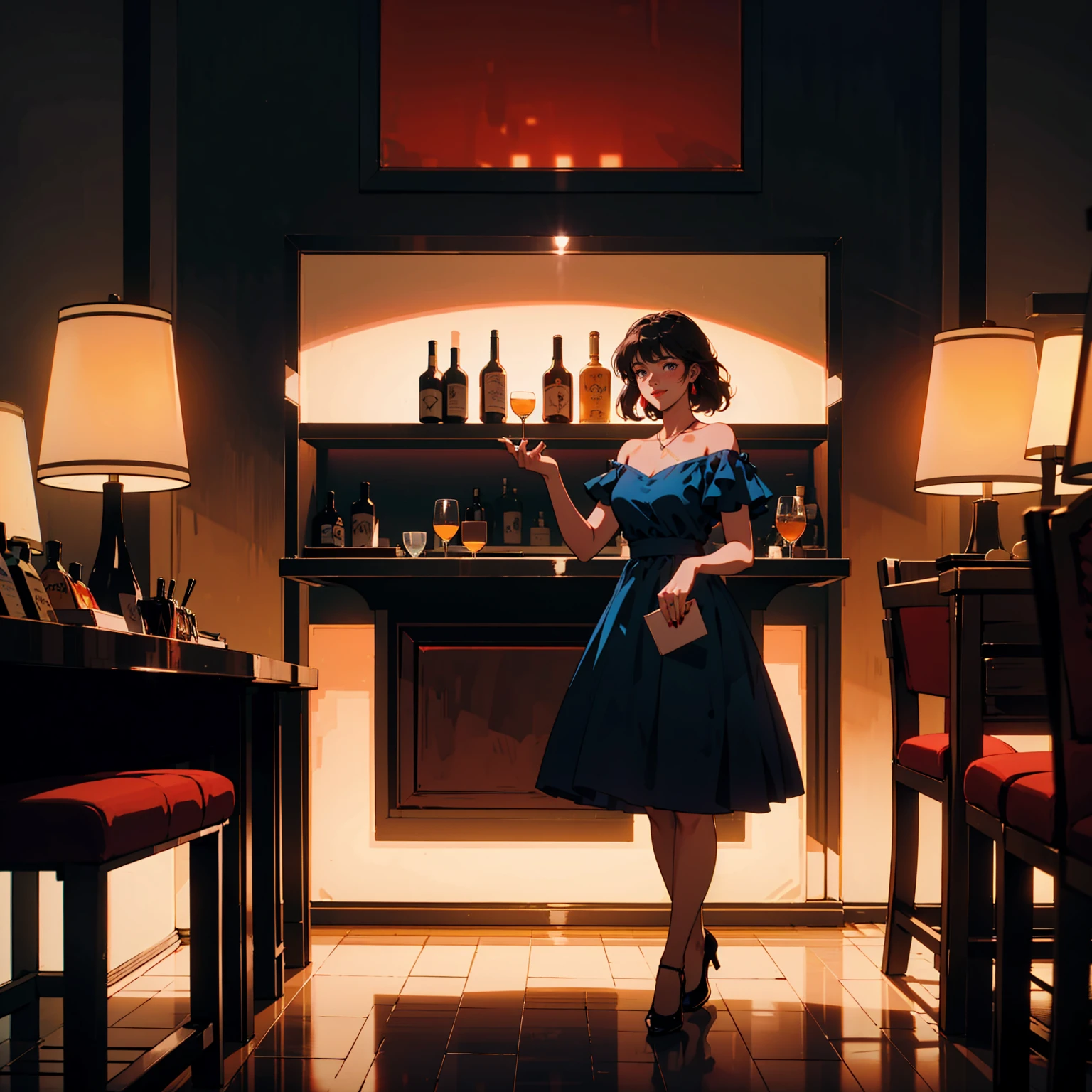 Classic bar counter in a luxury hotel,Cocktail,A dress with atmosphere, Adult woman sitting on a chair , smile, (Backlight: 1.1), A scene from a movie, Soft Shadows, masterpiece, Highest quality, Complex, Model shooting style, Film Grain, Wide Shot、Red lipstick、Blue tones