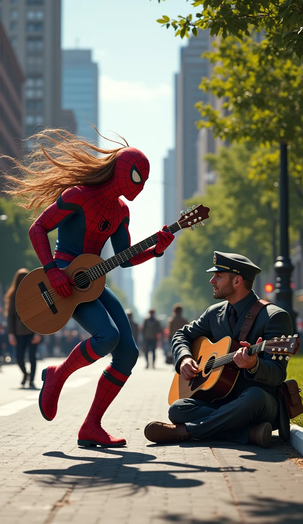 (Spider-Man big hair dance in pedestrian with a broom on his hand as guitar), and (Captain America sitting beside the road and playing accoustic guitar), hyperrealistic