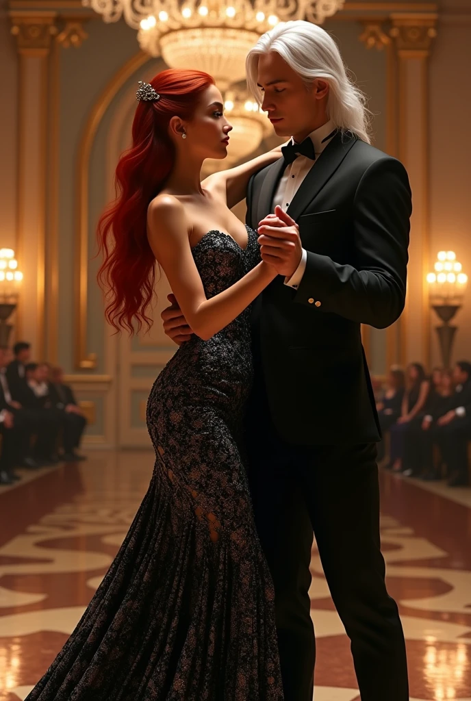 A couple is dancing in a ballroom of a lavish gala in a grand, opulent mansion. The woman is a young lady with peach skin and long, wavy red hair. She is wearing a striking black and silver evening gown adorned, exuding elegance and confidence. Beside her stands a handsome man with long white hair, dressed in an all-black mandarin suit, exuding elegance and a mysterious aura. The atmosphere is luxurious, with chandeliers casting a warm glow over the scene. (Digital art) 
