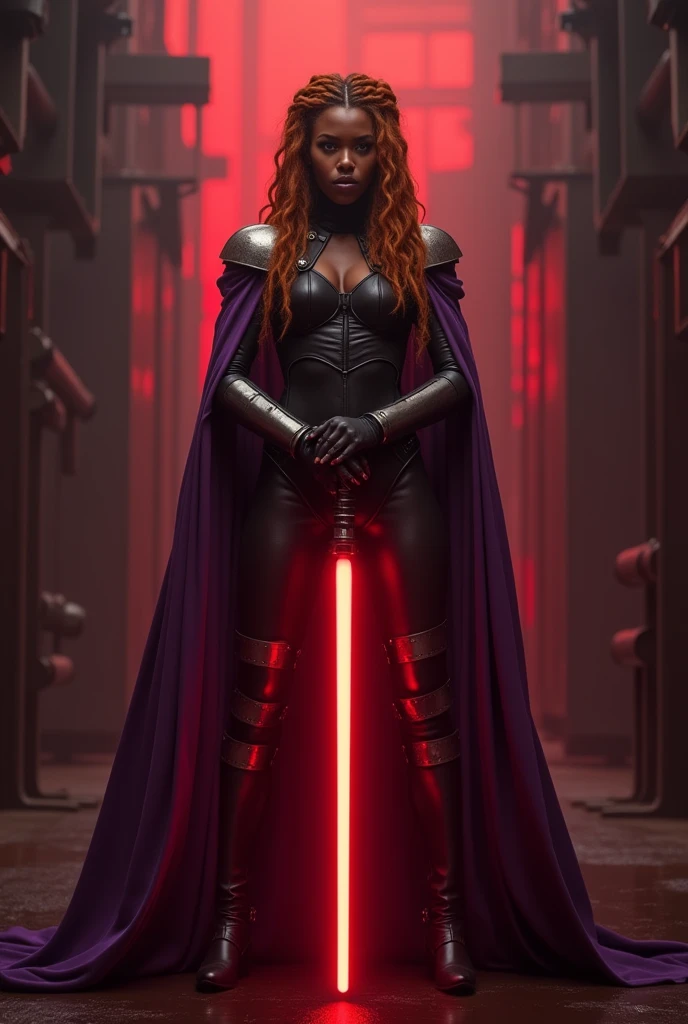 Dramatic, cinematic-style image featuring a woman standing in a dark, industrial setting with a red glow illuminating the background. She has Brown skin and long, wavy orange hair with braids and Fringe. She is dressed in a black. Purple cover, futuristic outfit with metallic armor pieces on her shoulders and forearms. She holds a red, red lightsaber with both hands, positioned vertically in front of her. The background is filled with dark, shadowy structures and a misty atmosphere, enhancing the intense and mysterious mood of the scene.