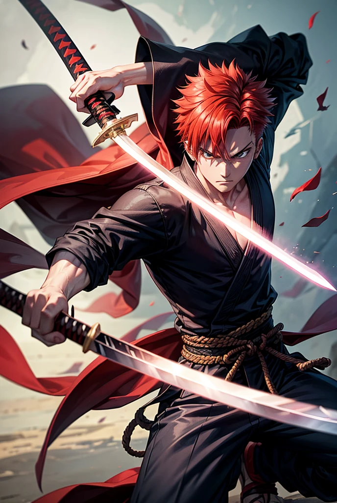 A dynamic scene featuring a male character with spiky red hair, performing a battōjutsu (sword-drawing technique). The character’s vivid red hair is standing on end, charged with energy, and he is in the middle of drawing a katana from its scabbard in a swift, fluid motion. He is wearing softer, flowing clothing, such as a loose tunic and billowing pants, with the fabric caught in motion, reflecting the speed and intensity of the technique. The background suggests a chaotic battlefield, with dust and debris flying around, adding to the intensity of the scene. The image should emphasize the precision, speed, and focus required for battōjutsu, capturing the exact moment the sword is unsheathed