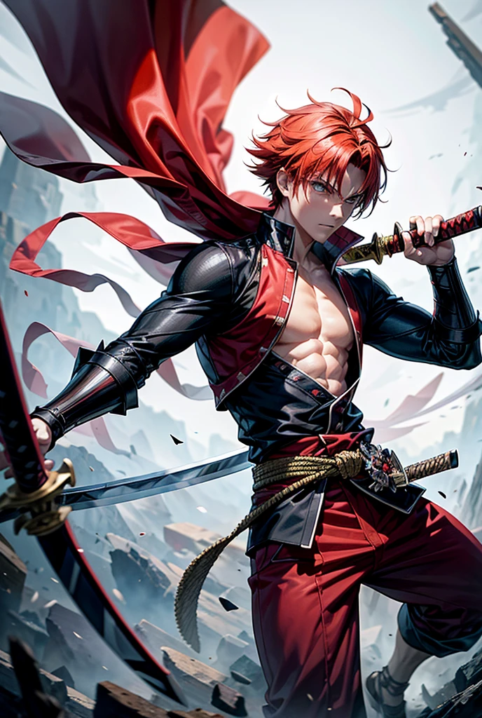 Short red hair,Three scars on the face going up and down,White cloth,Black cape,Red cloth strip around waist,cropped pants,Flip-flops,Hang a knife on your waist,Pirate King,red hair shanks,Four Emperors,Overlord color domineering