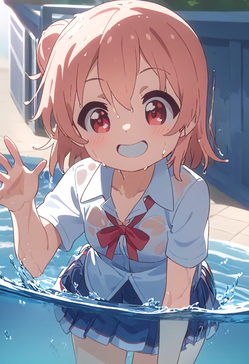 shiroma, Green Eyes, short hair, Pink Hair, Ahoge, hair ornaments, necklace, White Dress, staff, holding staff, smile, Are standing, looking at viewer, whole body, (Low - Angle)、break indoors, School swimming pool, (Lots of water)、Wet、(Pulling on skirt:1.6)、((The skirt spreads over the water surface.))、waterlogged、In the water, swim、Water Play、break (masterpiece:1.2), highest quality, High resolution, unity 8k wallpaper, (shape:0.8), Highly detailed face, Perfect lighting, Extremely detailed CG、White underwear、(Skirt fully open)、(Long wide skirt)、cute、blush、Watery eye