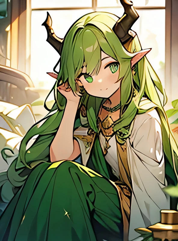 cute boy,druid,Green silk dress with gold trim, get up ,The sun smiles brightly, A boy with long green hair, Wooden horns on the head