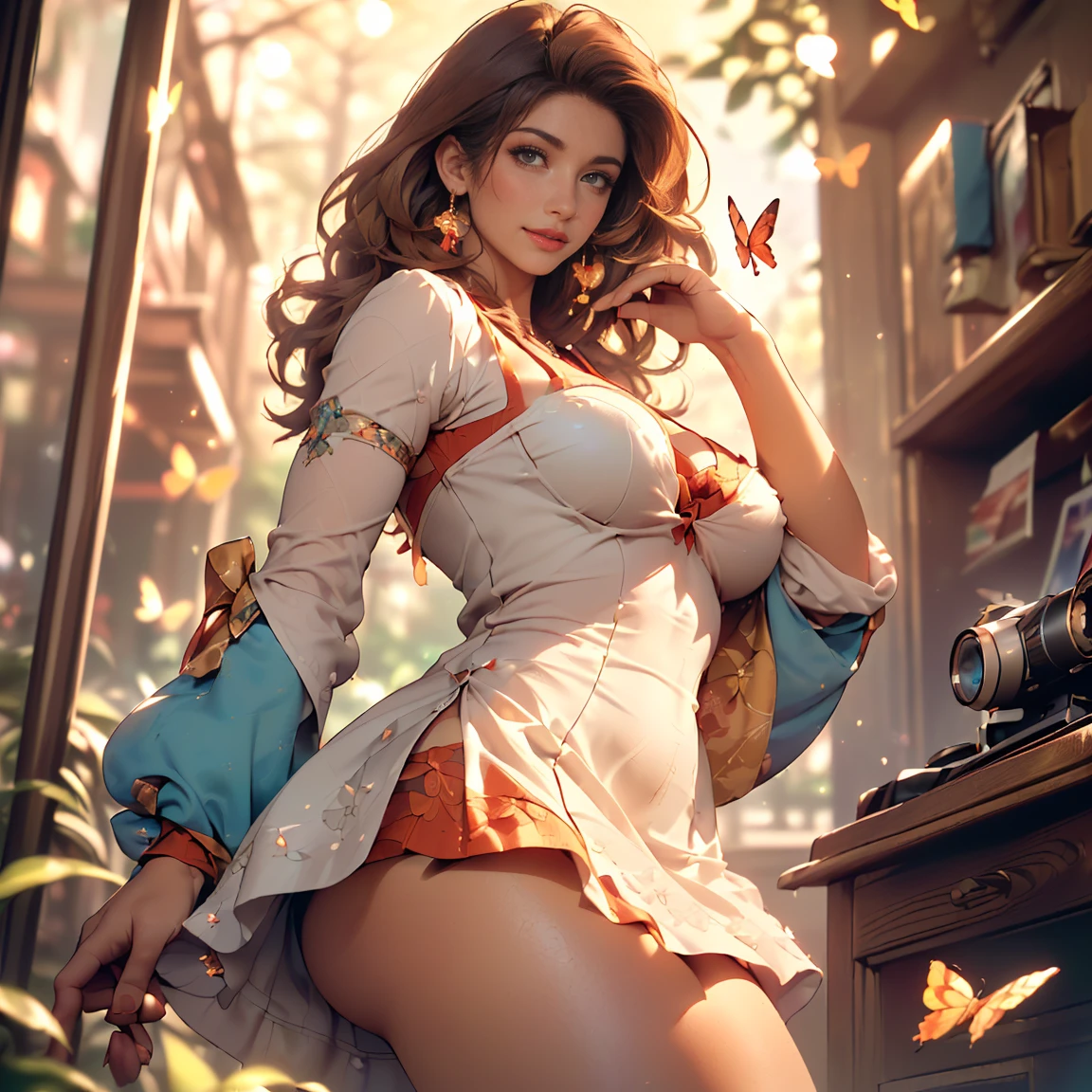 (masterpiece:1.0), (best_quality:1.2), (dark shot:1.3), (((1 Pretty Caucasian (female), Sarah Shahi, a slim but muscular body, huge breasts)), ((bright red lipstick)), ((seductive smile)) ((big bright blue eyes looking towards the viewer)) ((short trimmed dark brown messy hair), flawless, tall,(Red Lip, Heavy makeup), Earring、running behind butterflies、Extremely delicate and beautiful, ((alice in wonderland costume:1.6, (jet black puffed sleeve short micro mini dress(ultra mini dress, very very very very very short dress exposing panties)、light source from below, (realism: 1.5), (Realistic: 1.4), (Absurdity:1.4), 8k, ultra-detailed, Detailed Beautiful Woman, very physically fit girl, battleground background, official art, extremely detailed CG unity 8k wallpaper, perfect lighting, Colorful, ultra high res, photography, 8K, HDR, Kodak portra 400, film grain, blurry background, (bokeh:1.2), (vibrant_color:1.2), film grain:1.2, (warm hue, warm tone:1.2), (color photo), professional photograph