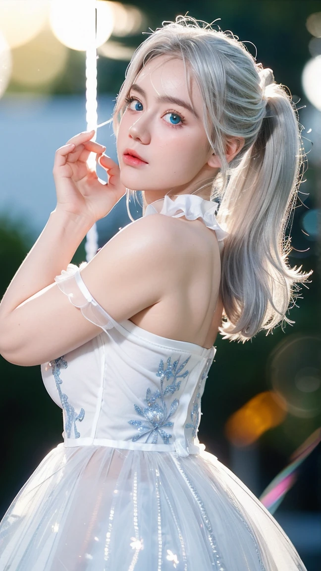 Georgeous, Beautiful, Cute, , 1, White Skin, Cleavage, ((Large Colossal Breast:1.3)), Sleeveless, Off Shoulder, Strapless, ((Transparent:1.3)), ((White Long Lolita Dress)), (Embroidery), Posing, ((Silver Hair)), ((Bright Blue Eye)), ((Muscles:1.3)), ((Bokeh:1.3)), Animal Farmer Background, Masterpiece, Twintails