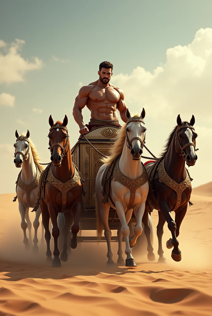 A handsome shirtless man in a Roman carriage with 4 horses in the desert