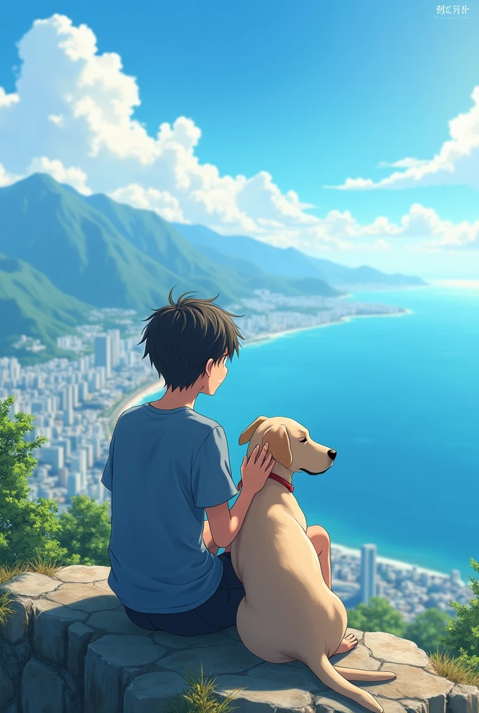 a r anime boy sit on a mountain he see the full city and sea her hand on a labrador dog in a very summer day