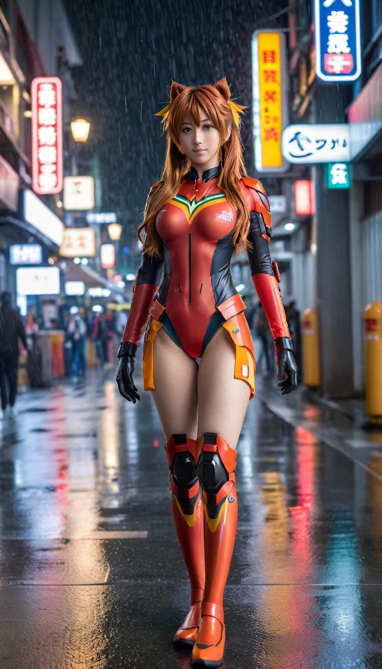 best quality, masterpiece, realistic, photorealistic, 1girl, solo, looking at viewer, full body, standing, long hair, asuka cosplay costume, cosplay, hair ornament, detailed background, in street, night, light, rain,