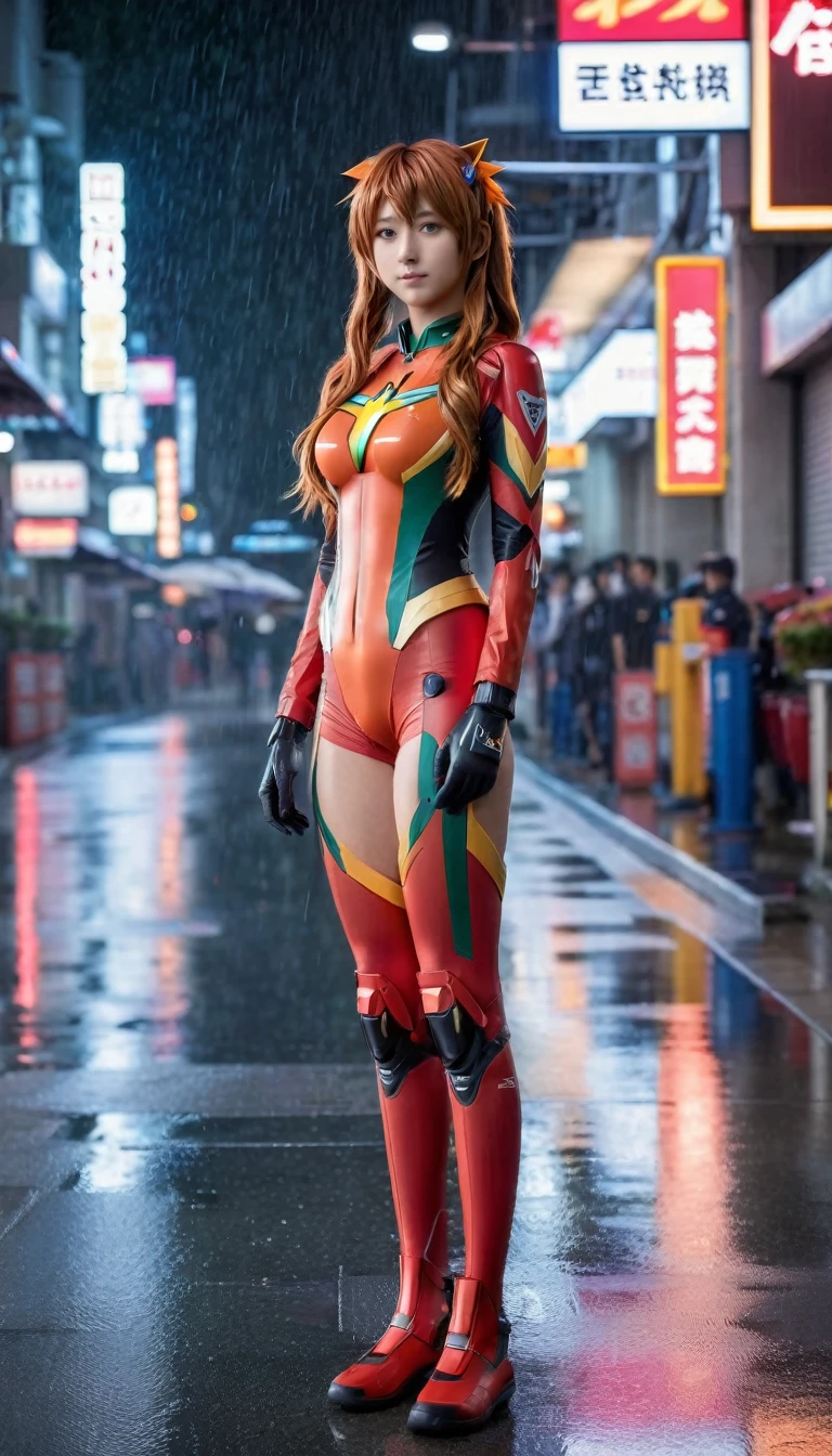 best quality, masterpiece, realistic, photorealistic, 1girl, solo, looking at viewer, full body, standing, long hair, asuka cosplay costume, cosplay, hair ornament, detailed background, in street, night, light, rain,