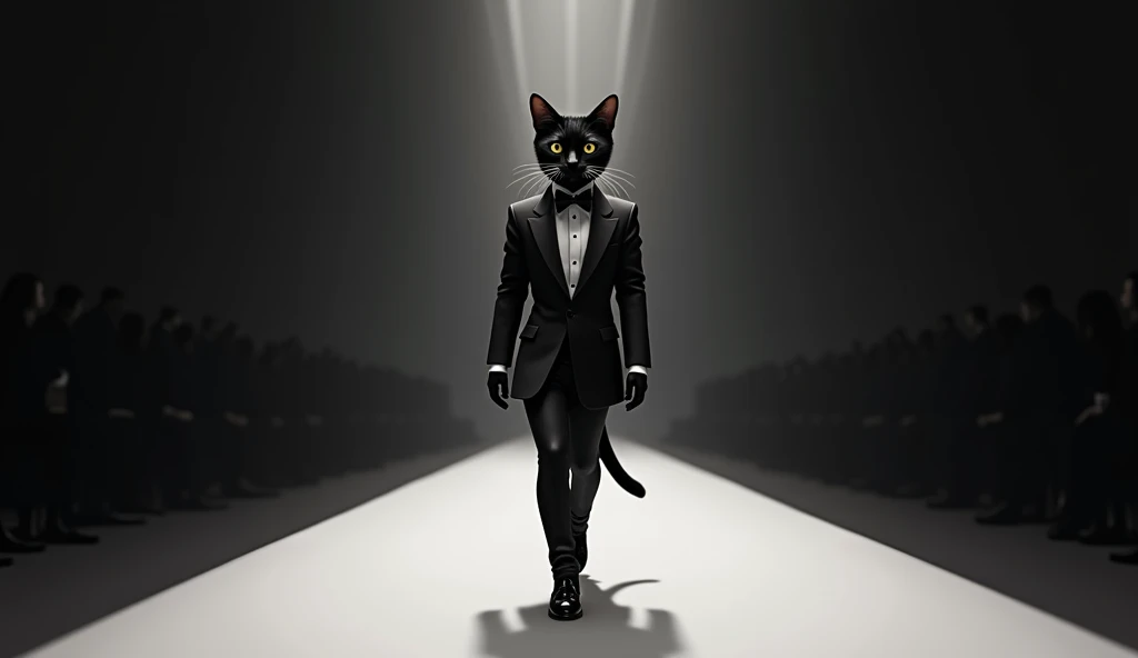 Smoking de Alta Costura: A sleek black cat strutting confidently down the runway in a perfectly tailored tuxedo, complete with bow tie and shiny patent leather shoes. The cat's posture is upright, exuding elegance and sophistication.