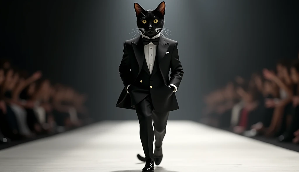 Smoking de Alta Costura: A sleek black cat strutting confidently down the runway in a perfectly tailored tuxedo, complete with bow tie and shiny patent leather shoes. The cat&#39;s posture is upright, exuding elegance and sophistication.

