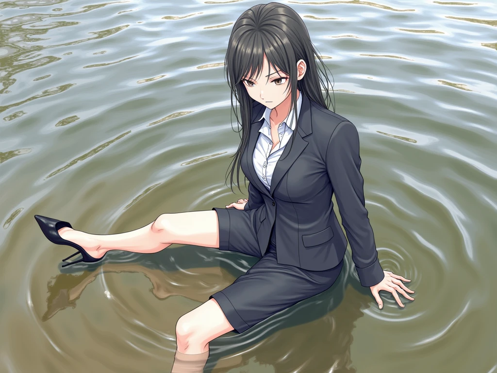 highly detailed photo of a Japanese woman, business suits and high heeled shoes, no makeup, sitting in the river, wet cloths, wrinkled skin, not looking at viewer, masterpiece, ultra realistic