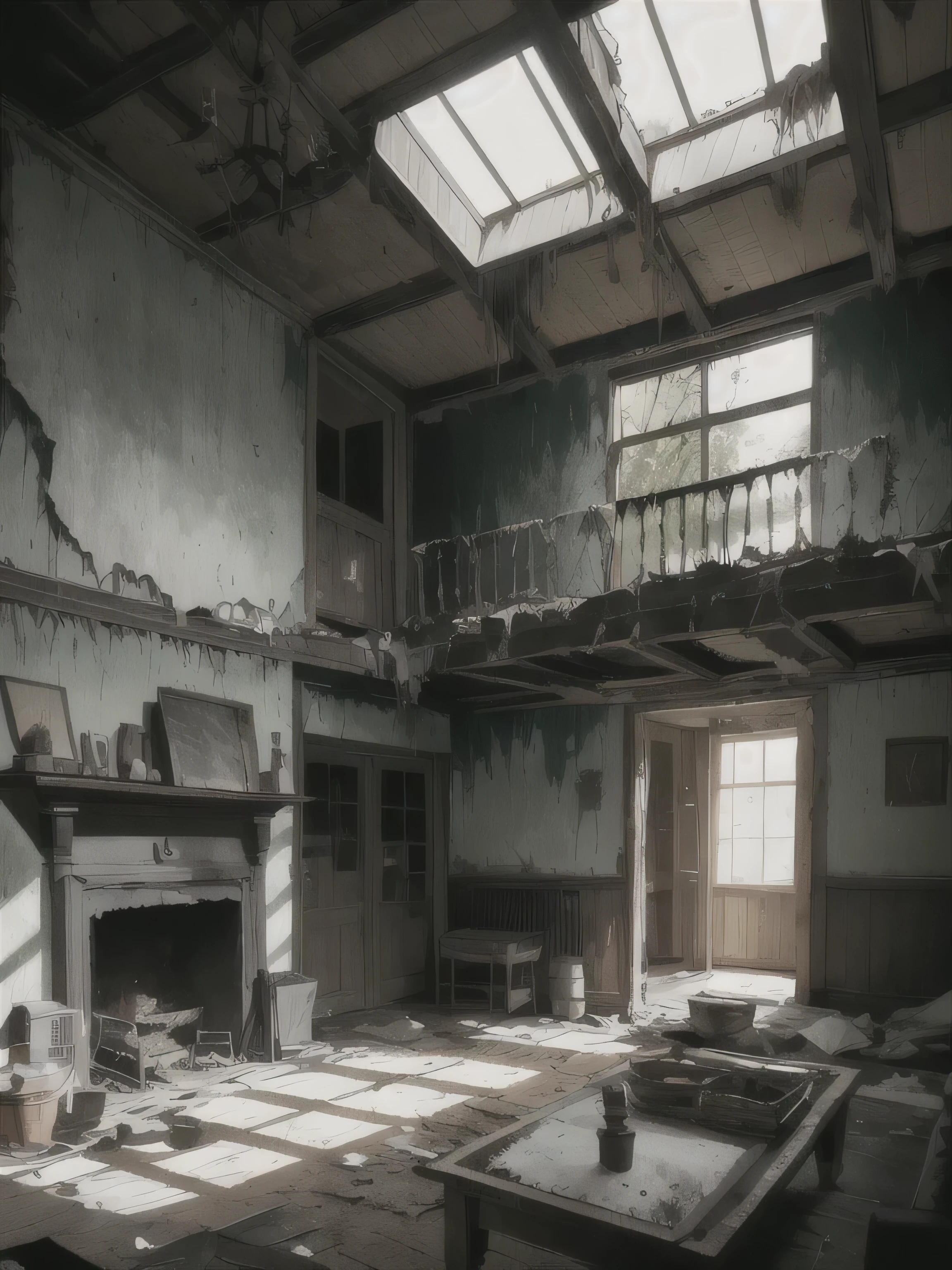 
"Depict an abandoned, eerie two-story house deep within the misty Great Forest of Gaia. The house is shrouded in vines and moss, with dark, weathered wood and patches of rot showing through. The windows are shattered, their jagged glass resembling broken teeth, and the peeling paint on the frames adds to the sense of neglect. Inside, the rooms are dimly lit, filled with thick layers of dust, cobwebs hanging from the ceiling, and old, forgotten furniture frozen in time. A cold, unused fireplace with a faded, cracked painting above the mantle hints at a family long gone. The atmosphere is heavy with the scent of damp wood and decay, with every creaking floorboard echoing through the empty, shadowy rooms. The house exudes a feeling of being haunted, not by ghosts, but by the memories and secrets of the past. show the outside of the house