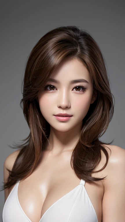 (original character、unity 16k wallpaper, masterpiece, Highest quality, Ultra-detailed, Extremely detailed CG, Caustics, Cinema Lighting, detailed, Beautiful detailed Eyes, alone), 超High resolution, Fine skin, (Compensate,eyeliner,eye shadow:1.1,Sunburned skin,mascara,curve:1.2,On the chest:1.2,Small breasts), (Strong light)、Oily skin,city,smile, Brown Hair Color, Casual clothing,vivid, from the front:1.2、gal、Latex bodysuit、Knee-high boots、Huge 、Long brown hair、Shiny, Oily skin、Glowing Skin、Indoor competition pool、White skin、flying debris, Highest quality, Realistic, Very detailed, finely, High resolution, 8K Dende Wallpaper, One beautiful woman,, Light brown messy hair, Wear a business suit, Sharp focus, Perfect dynamic composition, Beautiful and detailed, Detailed hair, Detailed Realistic skin texture, smile, Close-up portrait, Model body type