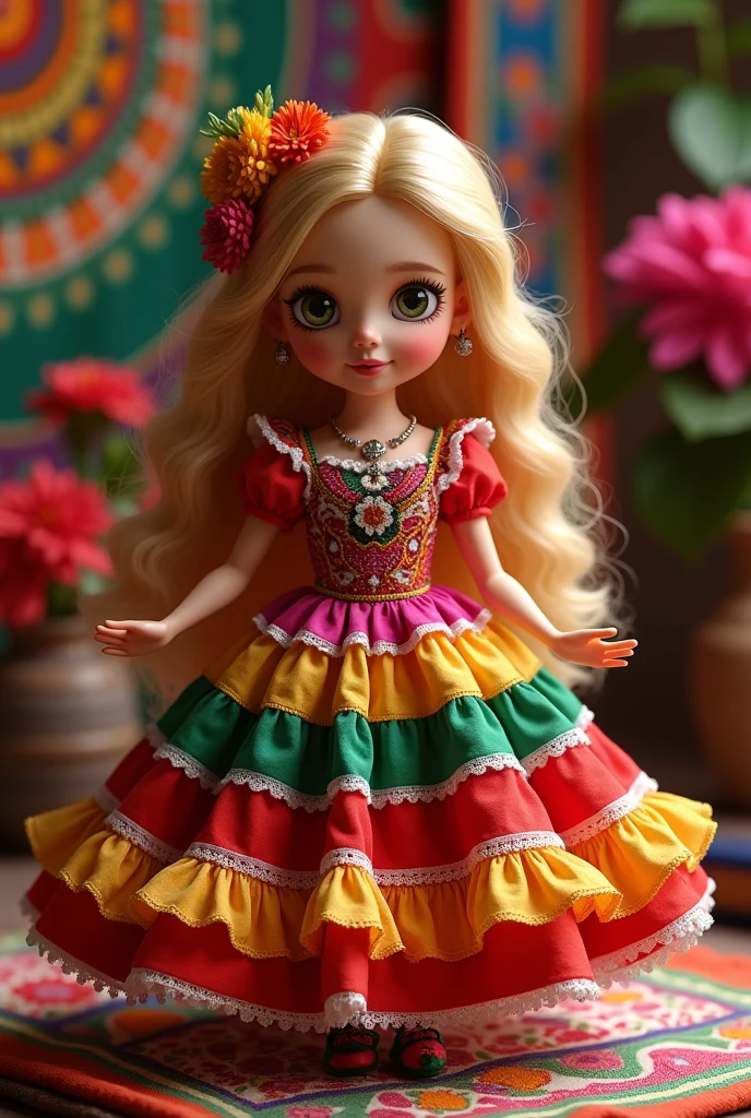 Mexican doll of September 15th, blonde with brown curly hair 
