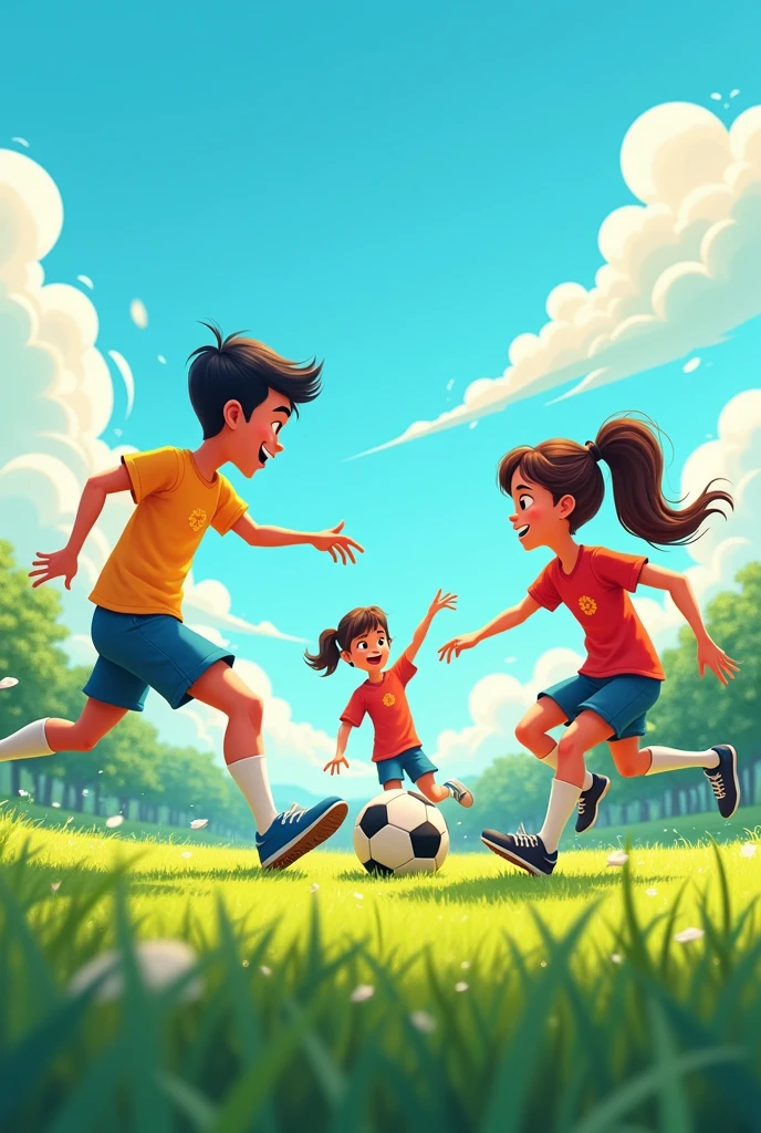 Cartoon of a teenager playing soccer with his friends