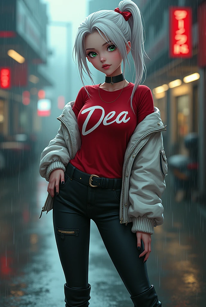 Kizi, pele caucasiana, 20 year, White hair, wearing black jeans, wearing black boots, Red T-shirt and her name 'DEA' has written on that, with White aviator jacket, greeneyes,curved body, cocked ass, boy, cyberpunk atmosphere, Raby, アニメ, sexy pose, ahegao.Smile,, Ponytail,