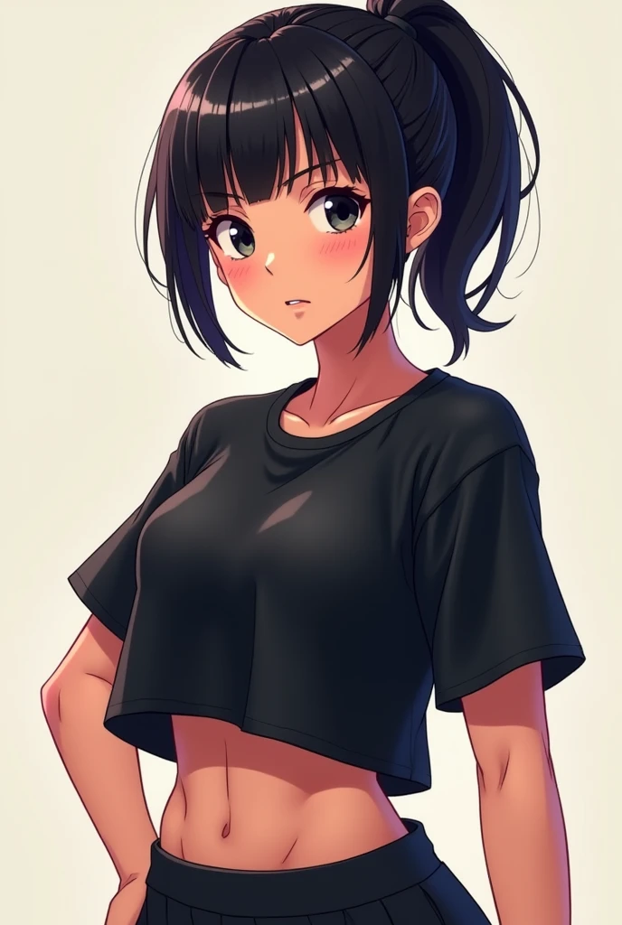 I am Peruvian with short black hair with bangs and big black eyes , make my anime And I always have my hair combed in a ponytail and I'm a gym rat I wear a black oversize t-shirt generating model poses