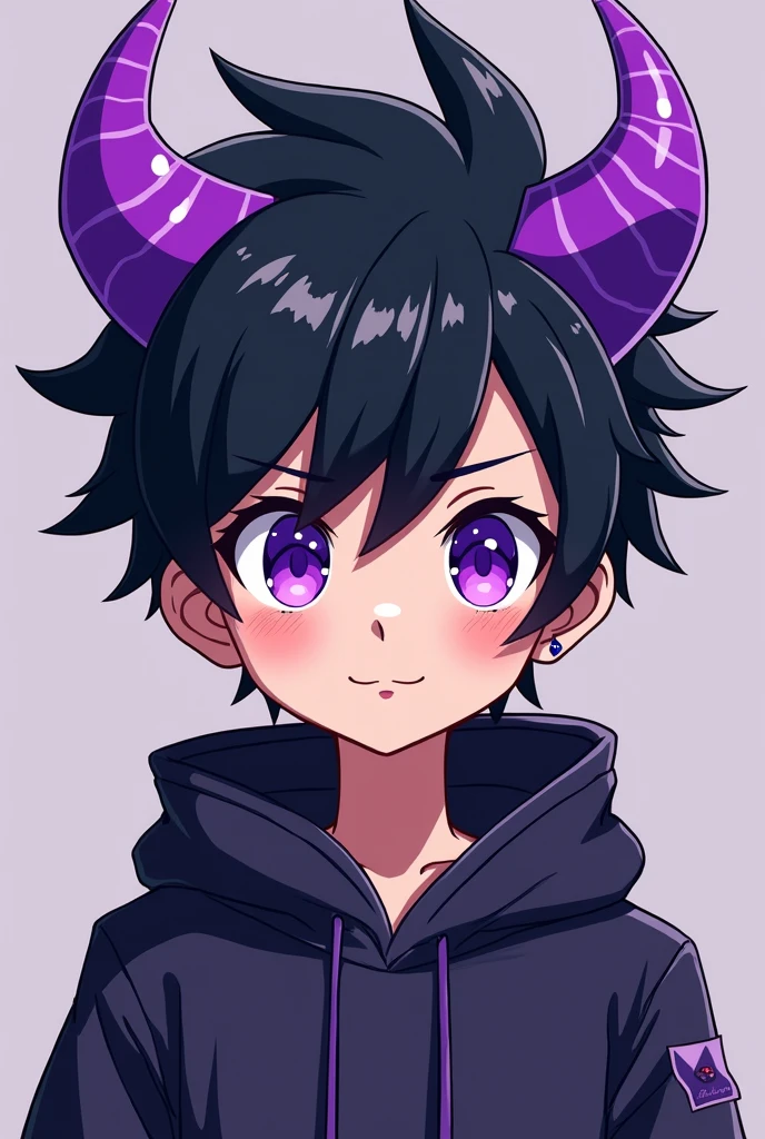 Boy young with purple horns and purple eyes and black hairstyle and style anime and cartoon boy