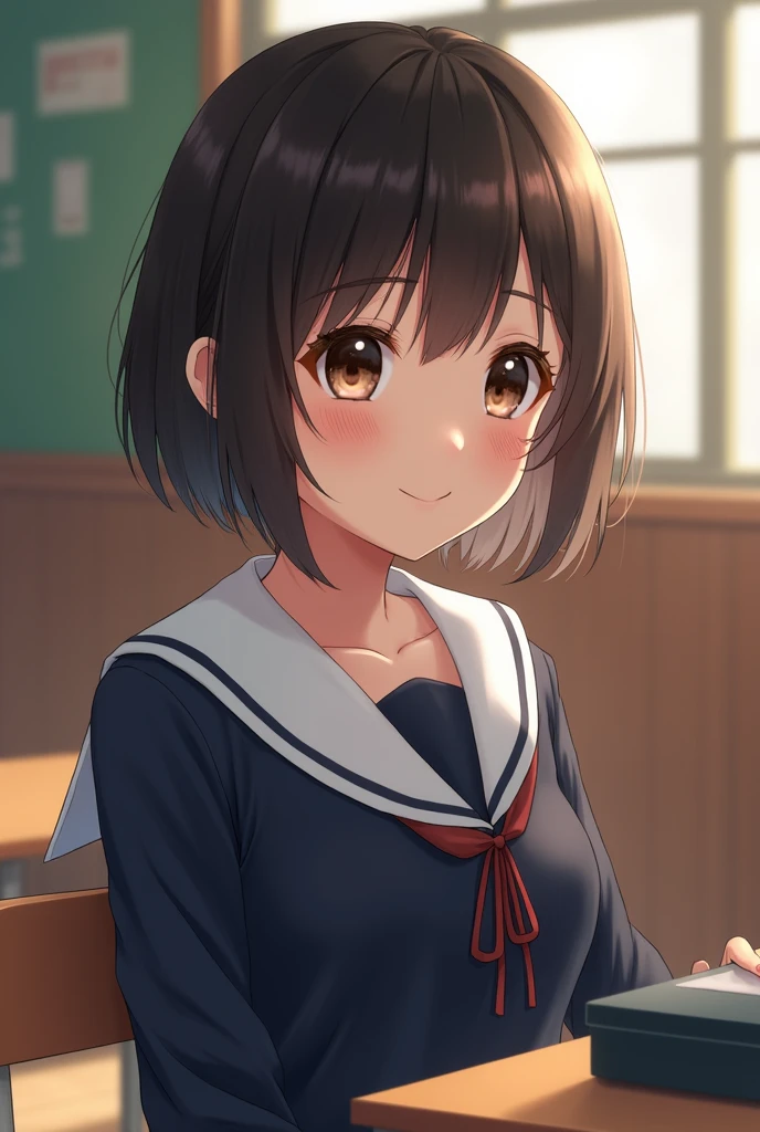 Highest quality, Face Focus, Soft Light, Ultra-high resolution, (Realistic:1.4), RAW Photos, 1 Japanese girl, alone, cute, (A shy smile:0.5), (Brown eyes, Light in your eyes), Beautiful face in every detail, (Small box),(High resolution detail of human skin texture), (Short Bob Hair), break, In the classroom,Navy uniform, Best, skirt