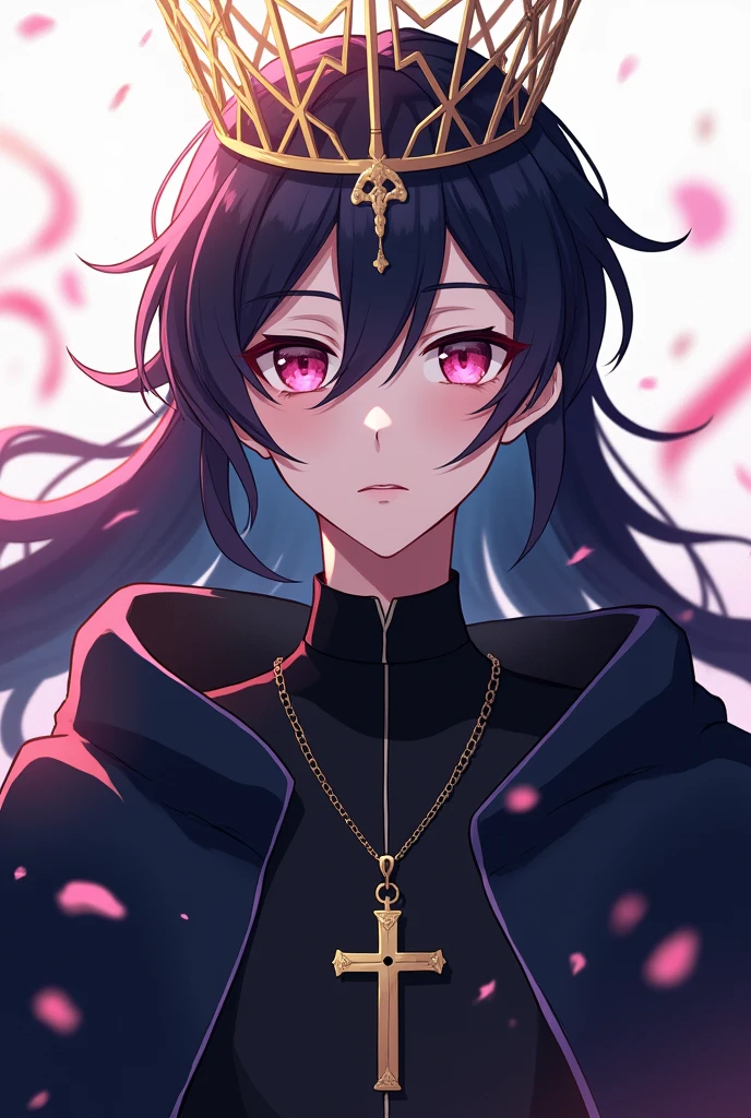 Young man in dark robe, priest, cross necklace, long black hair and pink eyes with a crown on her head, anime style, smiling horizontally
