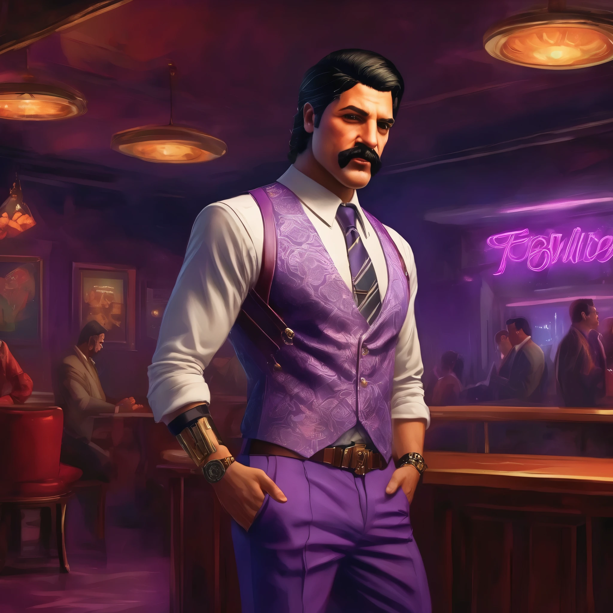 (obra maestra, Mejor calidad:1.2), 1 chico, thenahualli, serious, dangerous man, elegant, elegante, he is a gangster, white suit, purple shirt, standing, night club, bedroom, indoor, (((realistic, detailed, photorealistic)))