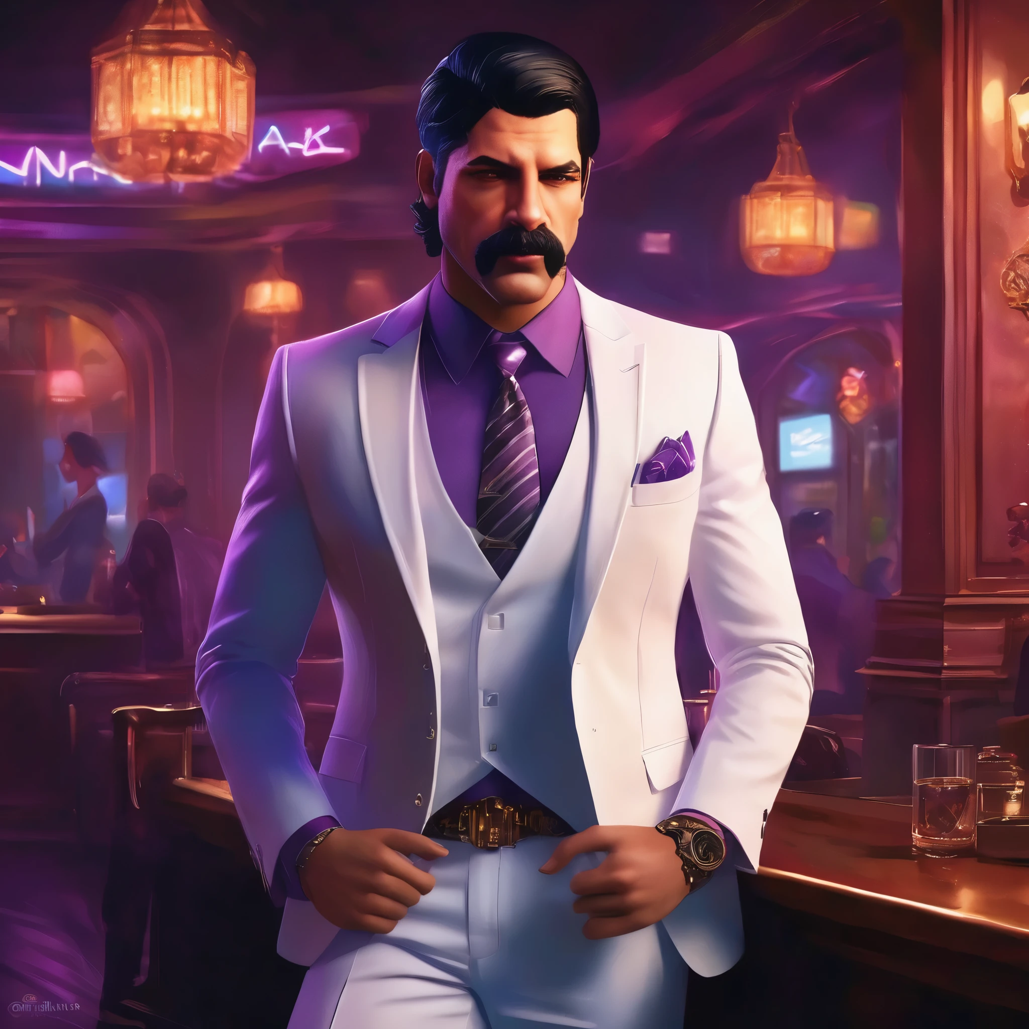 (obra maestra, Mejor calidad:1.2), 1 chico, thenahualli, serious, dangerous man, elegant, elegante, he is a gangster, white suit, purple shirt, standing, night club, bedroom, indoor, (((realistic, detailed, photorealistic)))