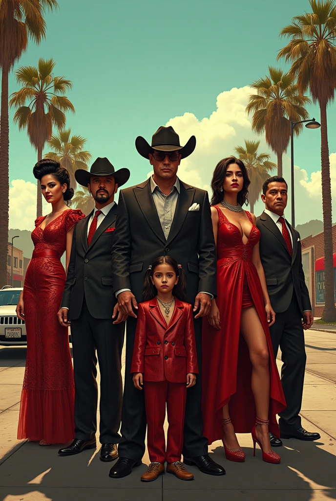 create an image of a series like the Godfather but with a family of Mexicans that takes place in Los Angeles in the 90s. The costumes must be narcos-like