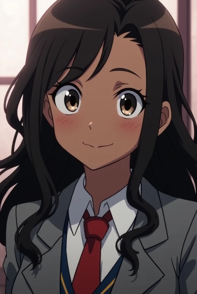 boku no hero screenshot, beautiful woman, dark brown skin tone, long wavy dark brown hair, slanted eyes, dark eyes, smiling expression on the face,uniform gray coat red tie,