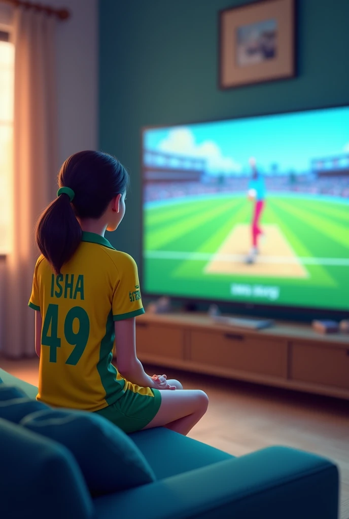 A teenager girl watching Australian cricket match in the hall room and wearing Australian jersey with name "ISHA" and number "49" girl sits aside of sofa. like a cartoon