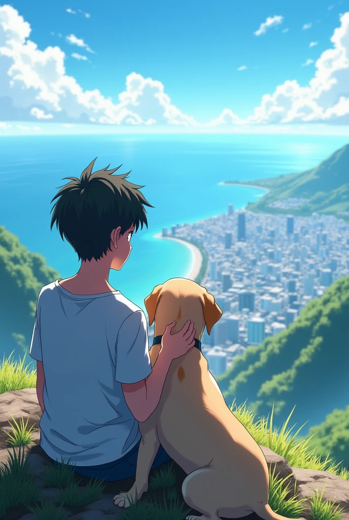 a teen Ager anime boy sit on a mountain he see the full city and sea her hand on a labrador dog in a very summer day