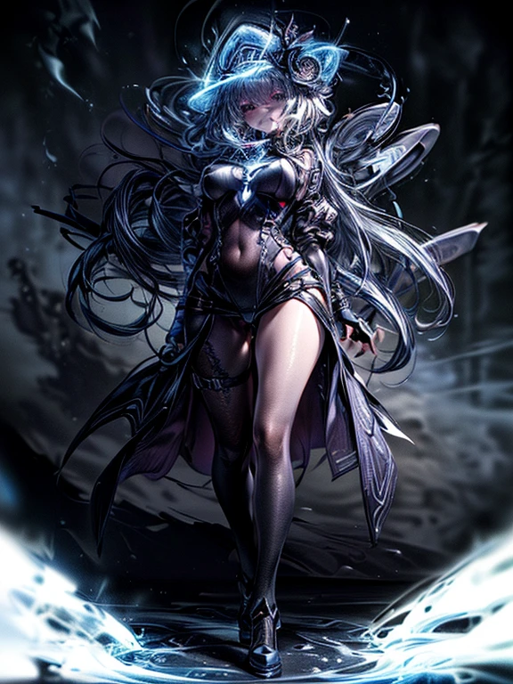 (((masterpiece, best quality, high detailed, 16k))) (1girl) A breathtakingly beautiful young slender girl with long flowing stylish white hair and piercing blue eyes. She wears a demonic armor in purple black and white. wields a large stylized scythe. ((full body view))