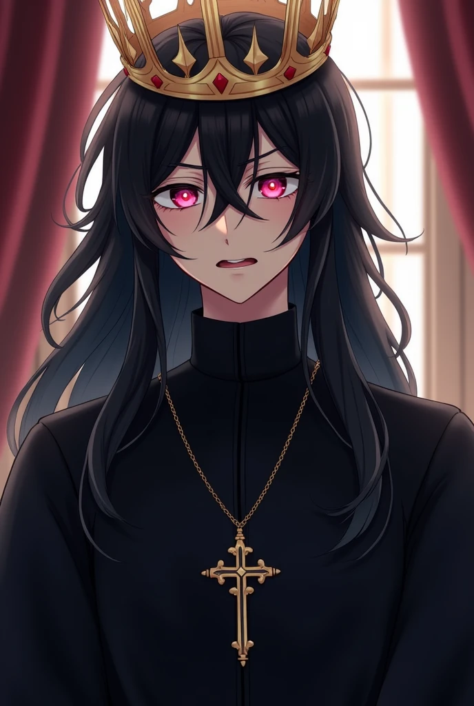 Young man in dark robe, priest, cross necklace, long black hair and pink eyes with a crown on her head, anime style, crying