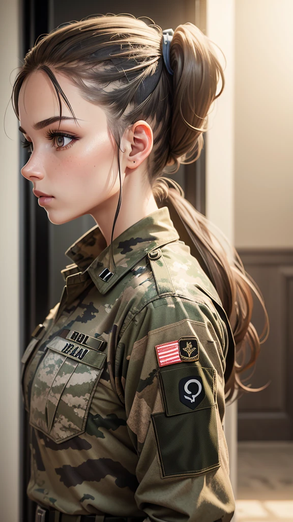 Best_QualityPos, RAW photo, intricate details, best quality, 8k uhd, soft lighting, 1girl, solo, looking at viewer, freckles, military uniform <lora:Elizabeth_Halen:0.7>