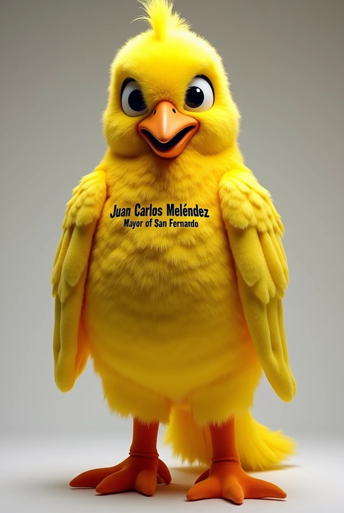 Creation of a half-body corporeal costume of a canary in the style of the Fiu mascot of the Pan American Games in Chile, be tender, friendly, familiar and that it is written on his chest "Juan Carlos Meléndez Mayor of San Fernando"