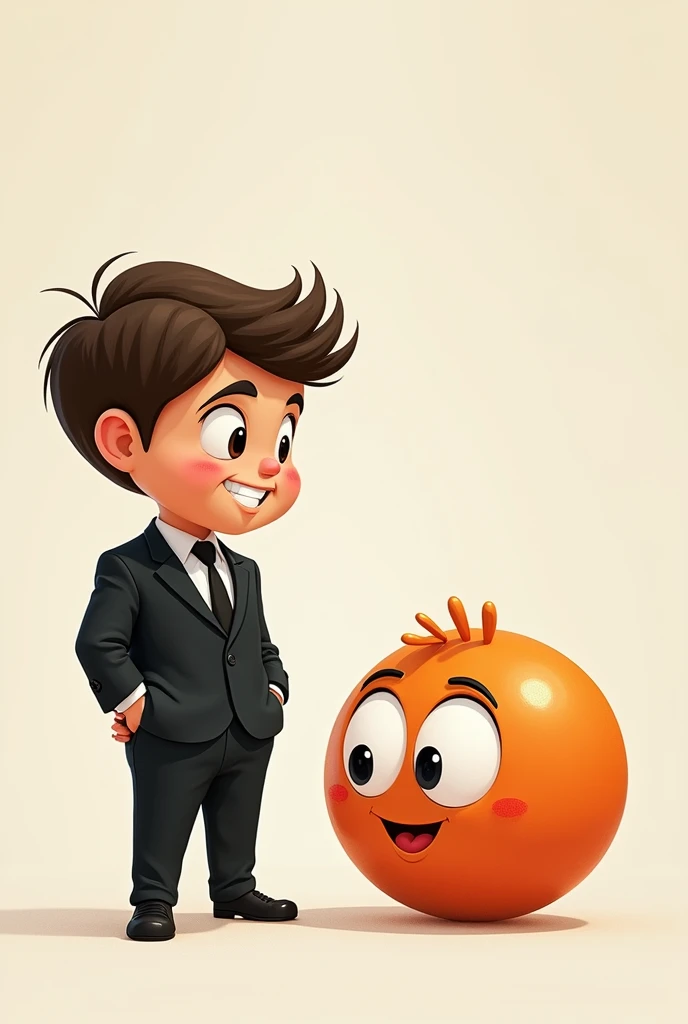 A cartoon boy in a black suit talking to a ball with eyes