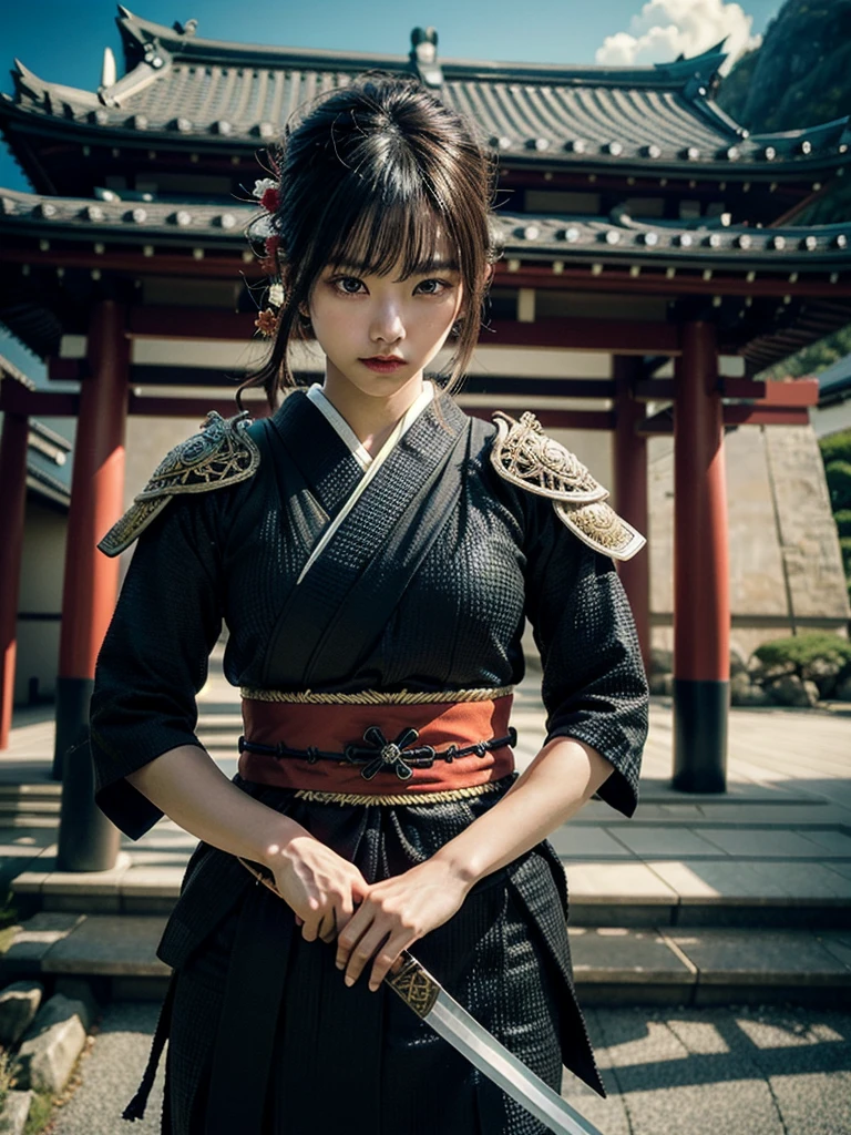 Japanese female samurai(plump body)in filigree samurai armor,hand wielding a samurai sword, Japanese luxury castle background, action pose, cinematic lighting, 4k, vantablack