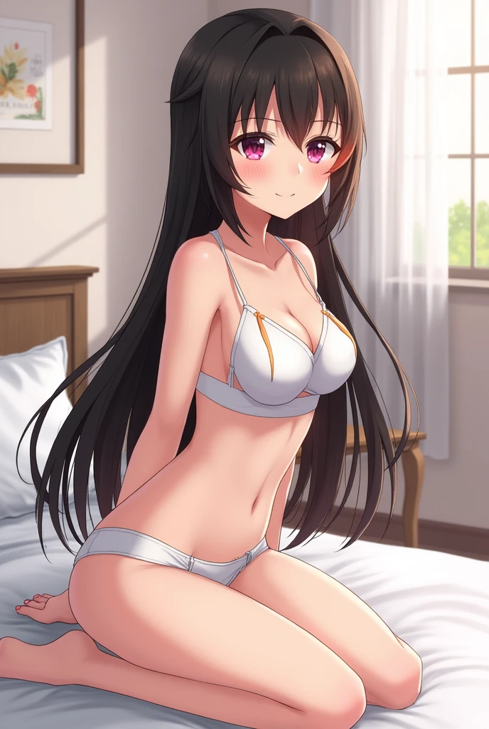 Long black hair girl with orange tips pink eyes normal skin color in underwear and waifu