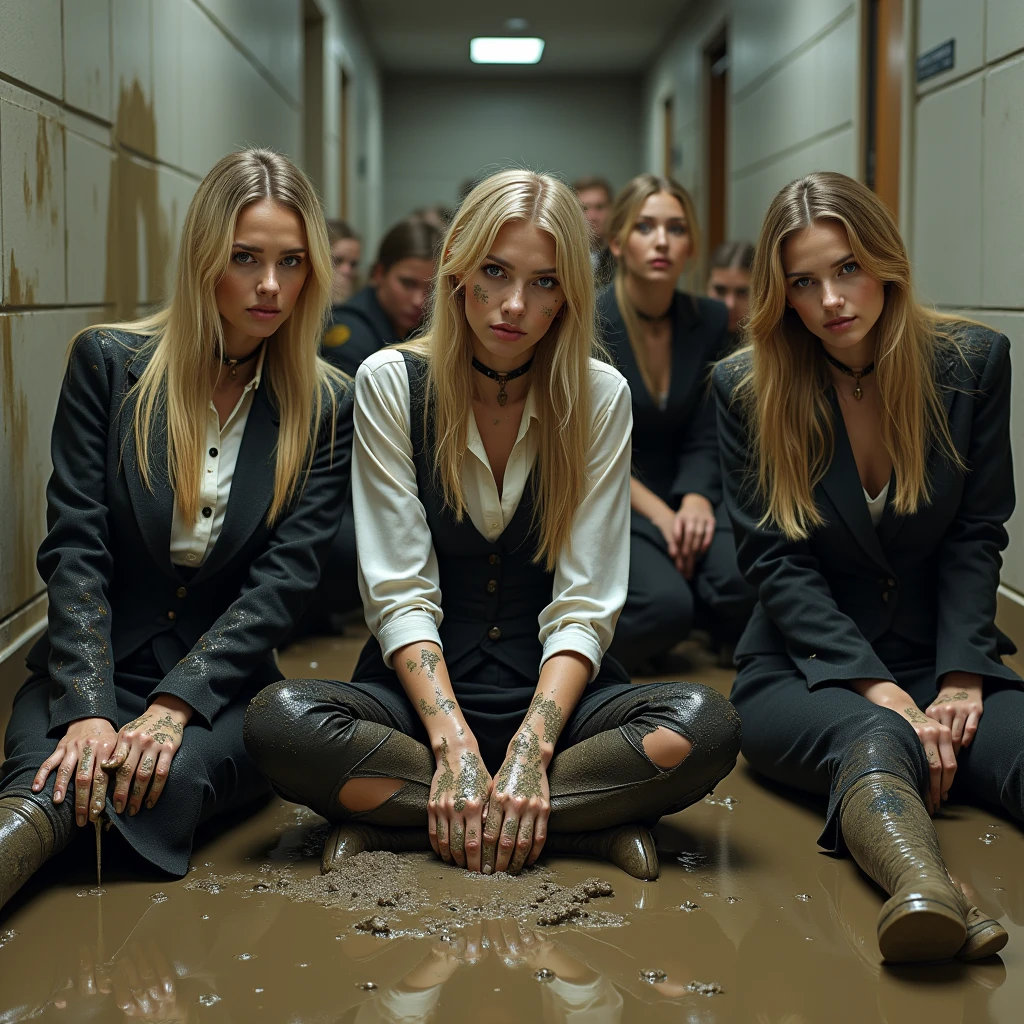 A dramatic photograph taken in an office setting features three different slender business ladies, each with a model appearance, blonde and brunette sitting in flirty poses on the muddy floor and their clothes completely blood and mud covered, they smear blood and mud on own all clothes. Their very long, straight hair is disheveled, stained in blood, cascades over their shoulders as they look directly at the viewer. They are dressed in dark elegant business skirt suits made from cotton and wool fabric, including long business pencil skirts, torn and ripped jackets, vests, torn white button-up shirts. The jackets, vests, and skirts are soiled with a thick, white, viscous liquid that drips down their clothing, creating a striking contrast against the cotton fabric. They smeared a lot of blood, mud on their skirts, jackets, vests, shirts, stockings, faces, and hair from head to toe. Their jacket, skirt are very torn, ripped, tired and muddy, dirty. The liquid blood and mud covers their clothing, leaving many visible stains and streaks. They wear black chokers around their necks, adding to the eerie and unsettling atmosphere. Their smear dirt on own clothes. The background shows a muddy basement. The lighting is artificial and evenly distributed, highlighting the subjects' faces and upper bodies while creating soft shadows. The overall mood is dark, intense, and eerie, emphasized by the low-key lighting and the contrast between the clean, organized office space and the disheveled appearance of the women. The cool color palette and high contrast between the subjects and their surroundings contribute to the dramatic atmosphere, creating a sense of tension and foreboding in this surreal, otherworldly setting.