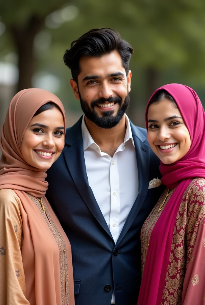two pakistani women with a pakistani man, man standing in middle wearing suit and has a well groomed beard and stylish hair and one woman standing on right with hijab and has pale white skin and second woman standing on left with a pakistani dress with no hijab has pale white skin, all smiling, picture taken by iphone pro 15 camera, all extremely beautiful,